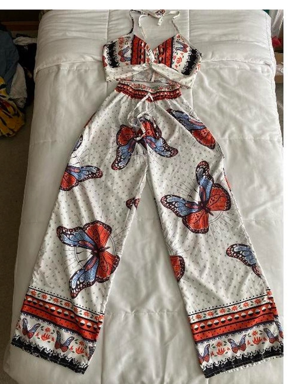 Bohemian Butterfly Print Wide-Leg Set - White with Orange & Blue